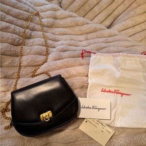 Salvatore Ferragamo Black Leather Gancini Chain Shoulder Bag